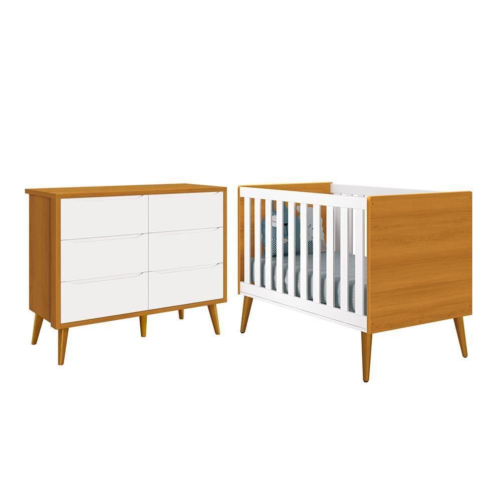 Jogo de Quarto Infantil Theo Cômoda 6 Gavetas e Berço com Pés Amadeirado - Reller Móveis