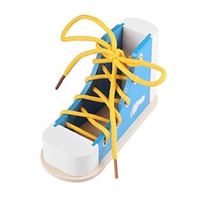 NUOBESTY Aprenda a amarrar sapatos de madeira amarrando sapato de brinquedo cadarços amarrando brinquedo kit de ensino para crianças, azul