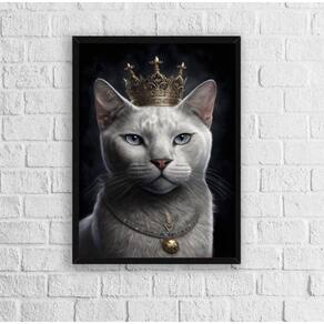 Quadro Gato Branco Coroa 24x18cm - Madeira Preta