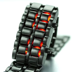 Relógio de Aço Inoxidável Estilo Lava para Homens, LED Vermelho Azul, Pulseira Preta