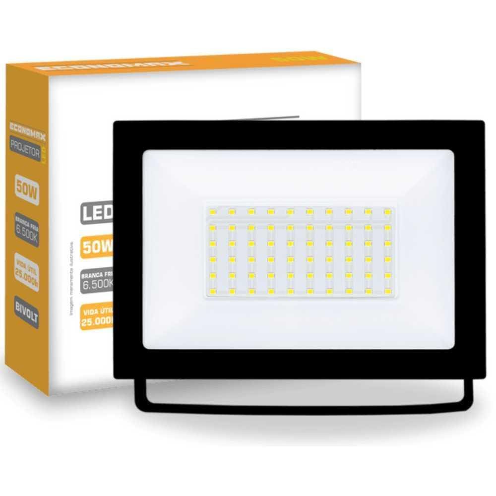 Refletor Slim 50W Alta Potência 6.500K Branca Ip65 Fria Bivolt Economaxx