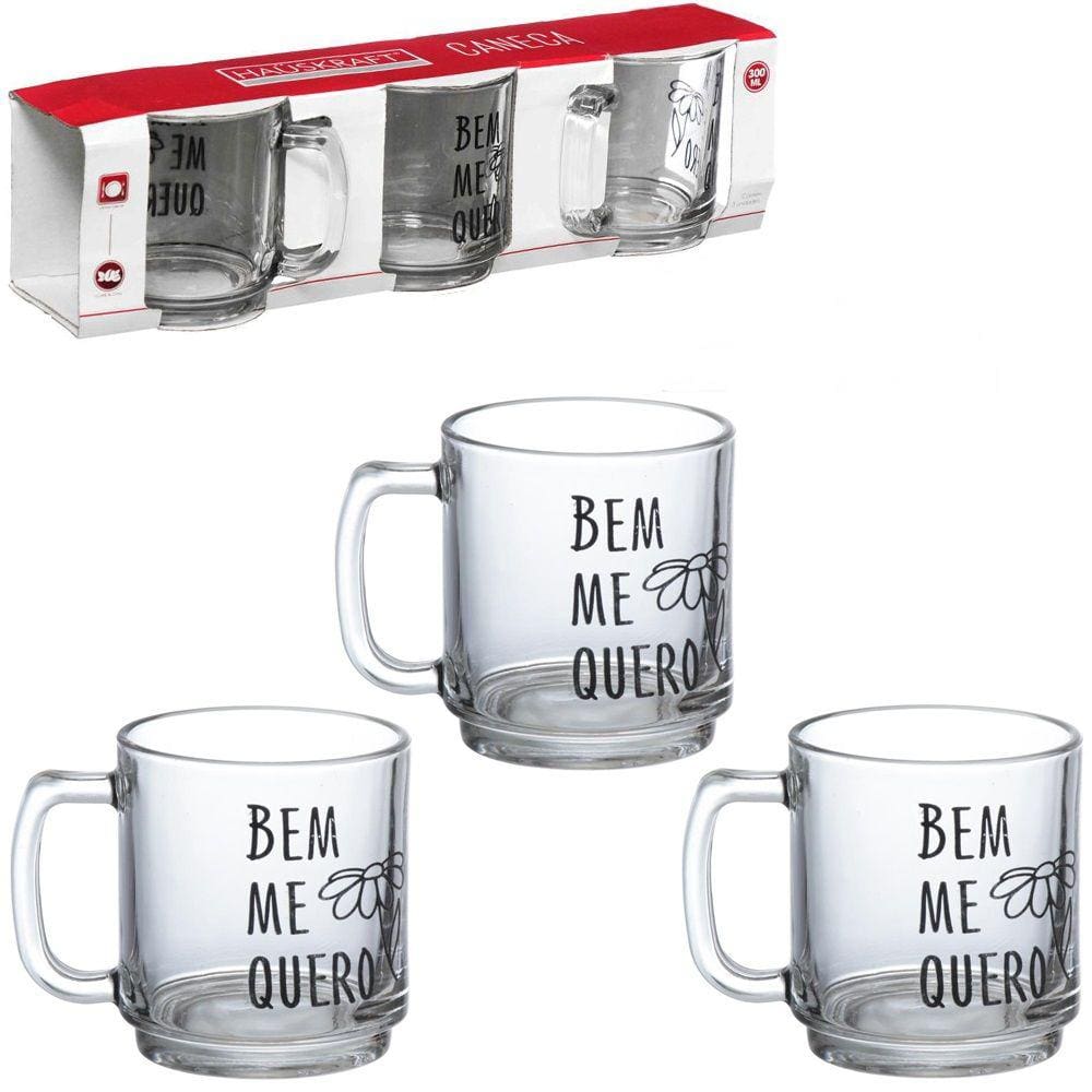 Kit 03 Canecas de Vidro Café Chá Flor Bem Me Quero 300ml