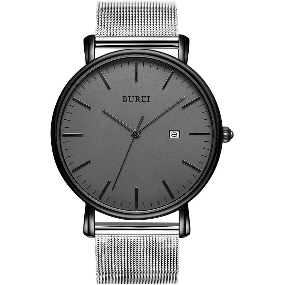 Burei Moda Masculina Relógio minimalista relógio de pulso data analógica com banda de malha de aço inoxidável