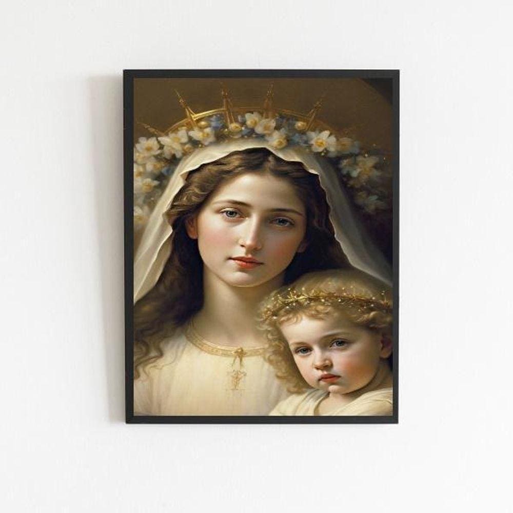 Quadro Virgem Maria Com Menino Jesus 24x18cm - Vidro