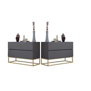 Kit 2 Mesa Cabeceira Industrial Com Pés de Ferro Dourado 2 Gavetas Puxador Cava Cor Cinza