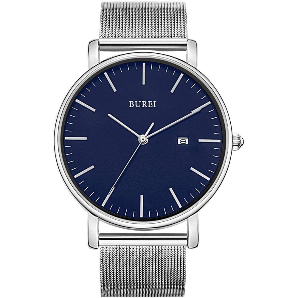 Burei Moda Masculina Relógio minimalista relógio de pulso data analógica com banda de malha de aço inoxidável
