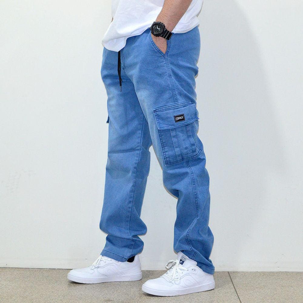 Calça Brack Jeans Regular Cargo Action Azul Claro Plus Size