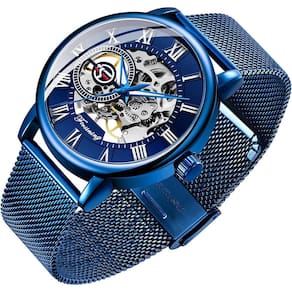 Relógio de esqueleto masculino Clássico Romano Numeral Steampunk Relógios Manusulico Mens Relógios (Azul)