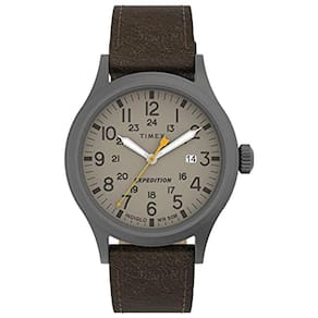Relógio Masculino com Caixa Gunmetal e Pulseira de Couro Marrom Escuro - Mostrador Cáqui