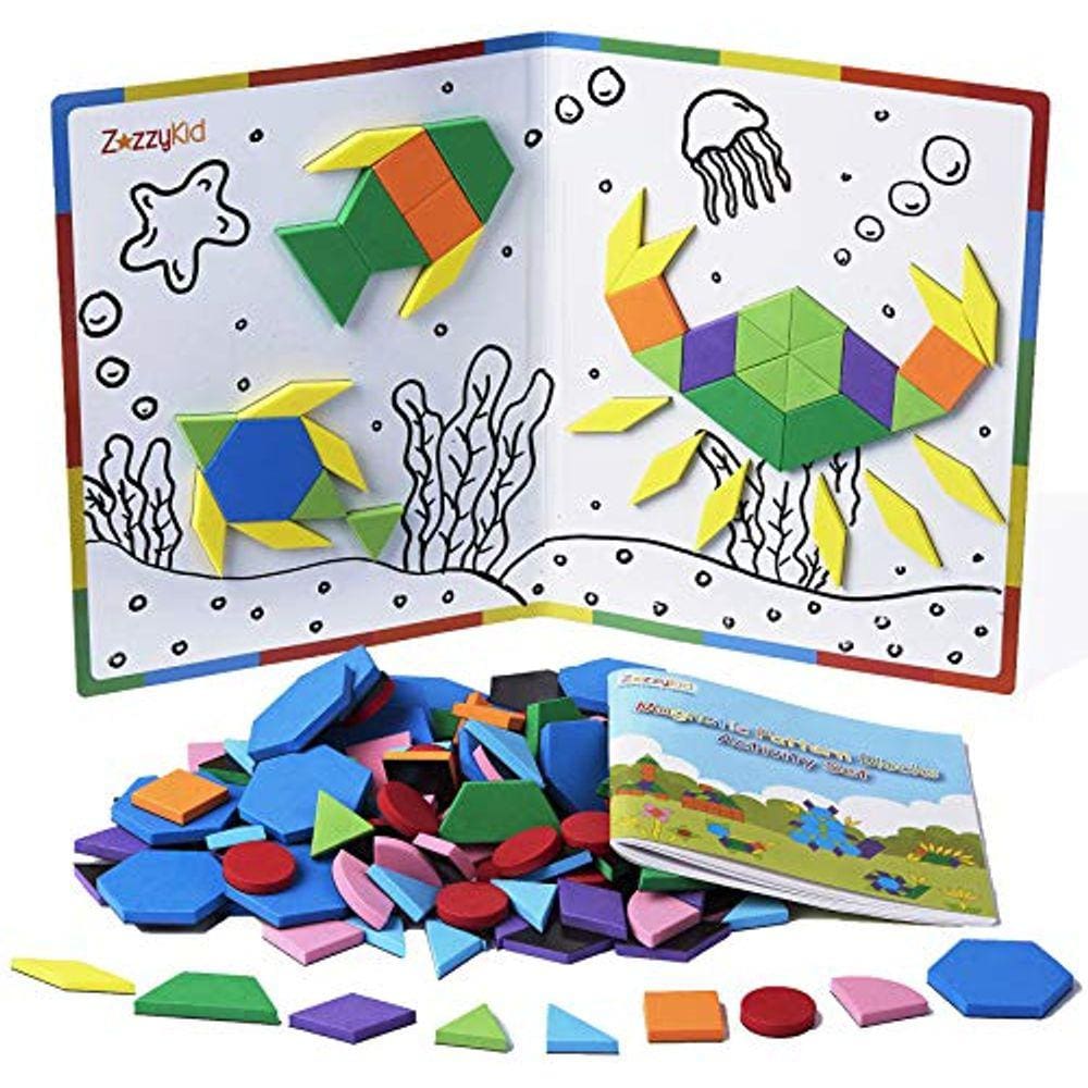 ZazzyKid Kids Blocos de padrão magnético Conjunto: 216 PCS Forma Geométrica Quebra-cabeças Tangram - STEM