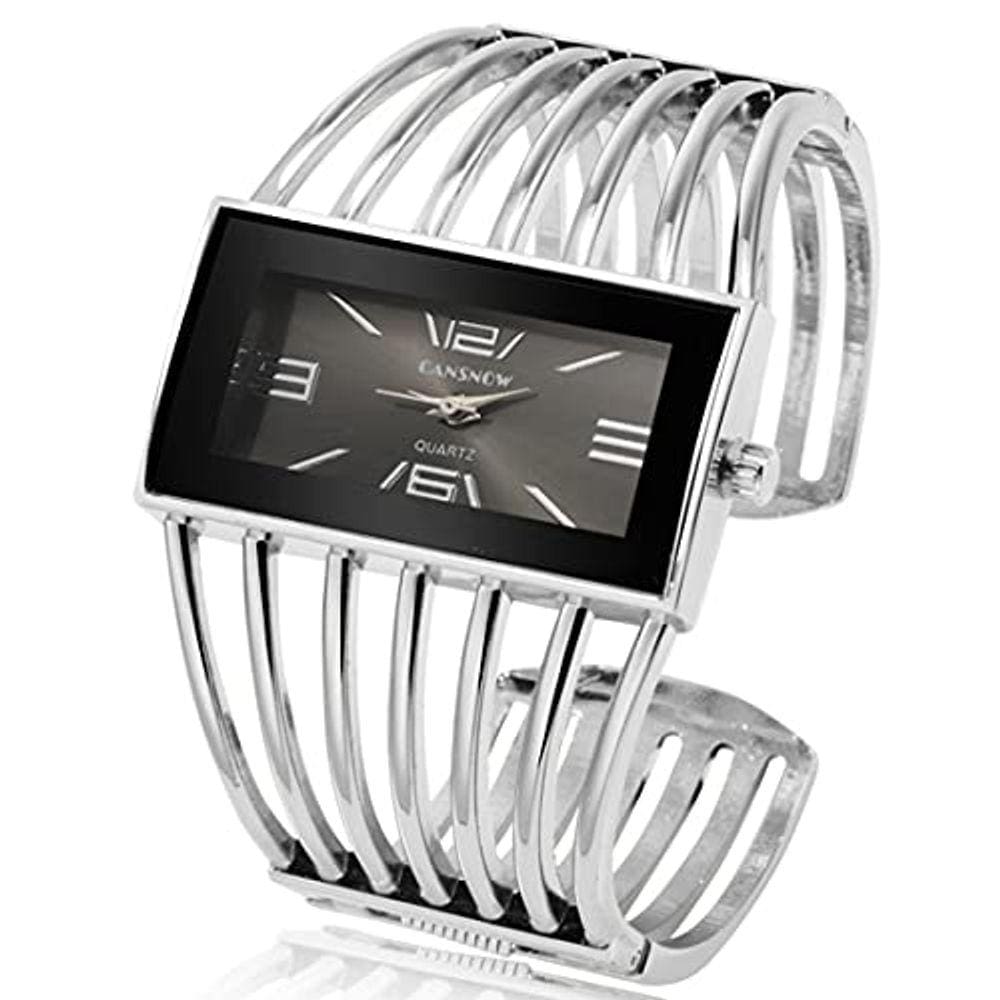 Relógio de Pulso Analógico Quadrado de Luxo para Mulheres, Bracelete de Moda (Prateado)