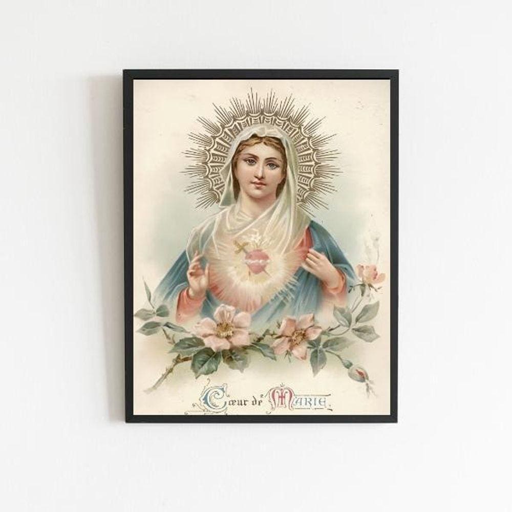 Quadro Sagrado Coração De Maria Vintage 33x24cm Preta