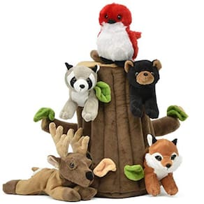 Unipak Plush Treehouse com Animais - Cinco (5) Animais de Pelúcia da Floresta