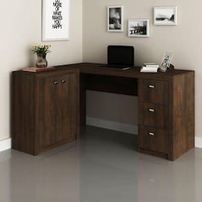 Mesa para Escritório em L com 3 Gavetas e Armários Rústico