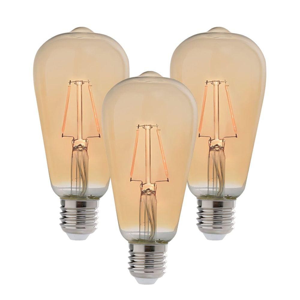Kit 3 Lâmpadas Filamento Led Retro Pera ST64 E27 Avant 4W Ambar 2200K - 360 Lumens