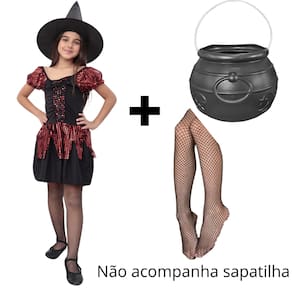 Fantasia Halloween Infantil Bruxinha Completa C/ Chapeu Meia E Caldeirao Vestido de Bruxa Feiticeira Malvada Carnaval