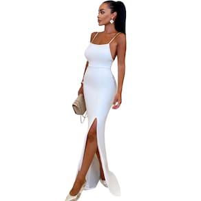 Vestido Noiva Sereia com Alças Sensuais e Fenda Formatura e Festa