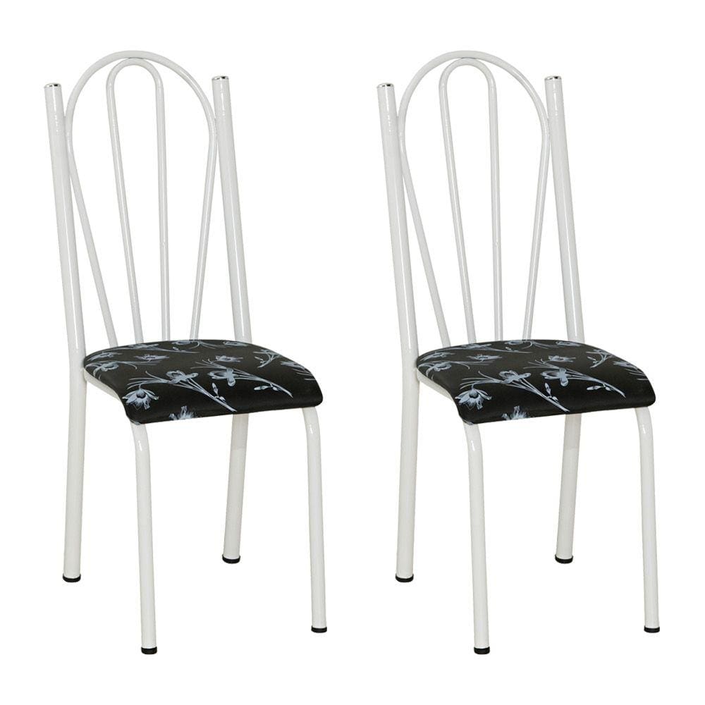 Kit 2 Cadeiras de Cozinha Alasca Estampado Preto Florido Pés de Ferro Branco - Pallazio