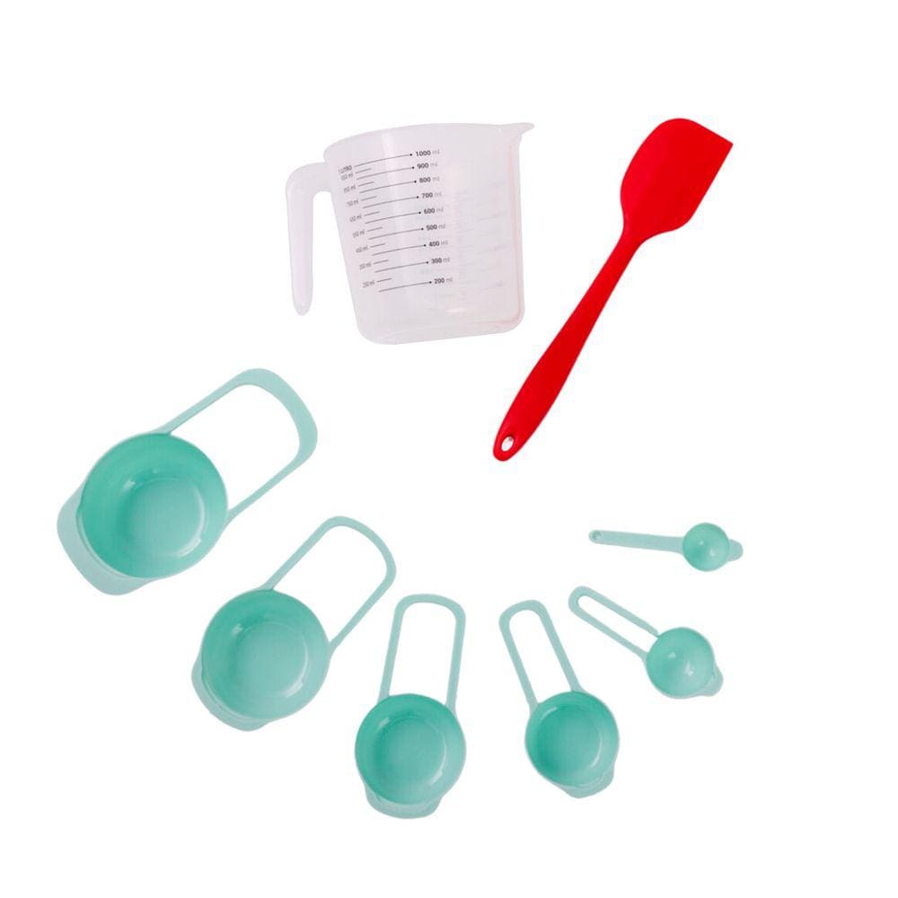 Kit espátula de silicone, jarra medidora 1L e 5 colheres medidoras de plástico - Mozcada