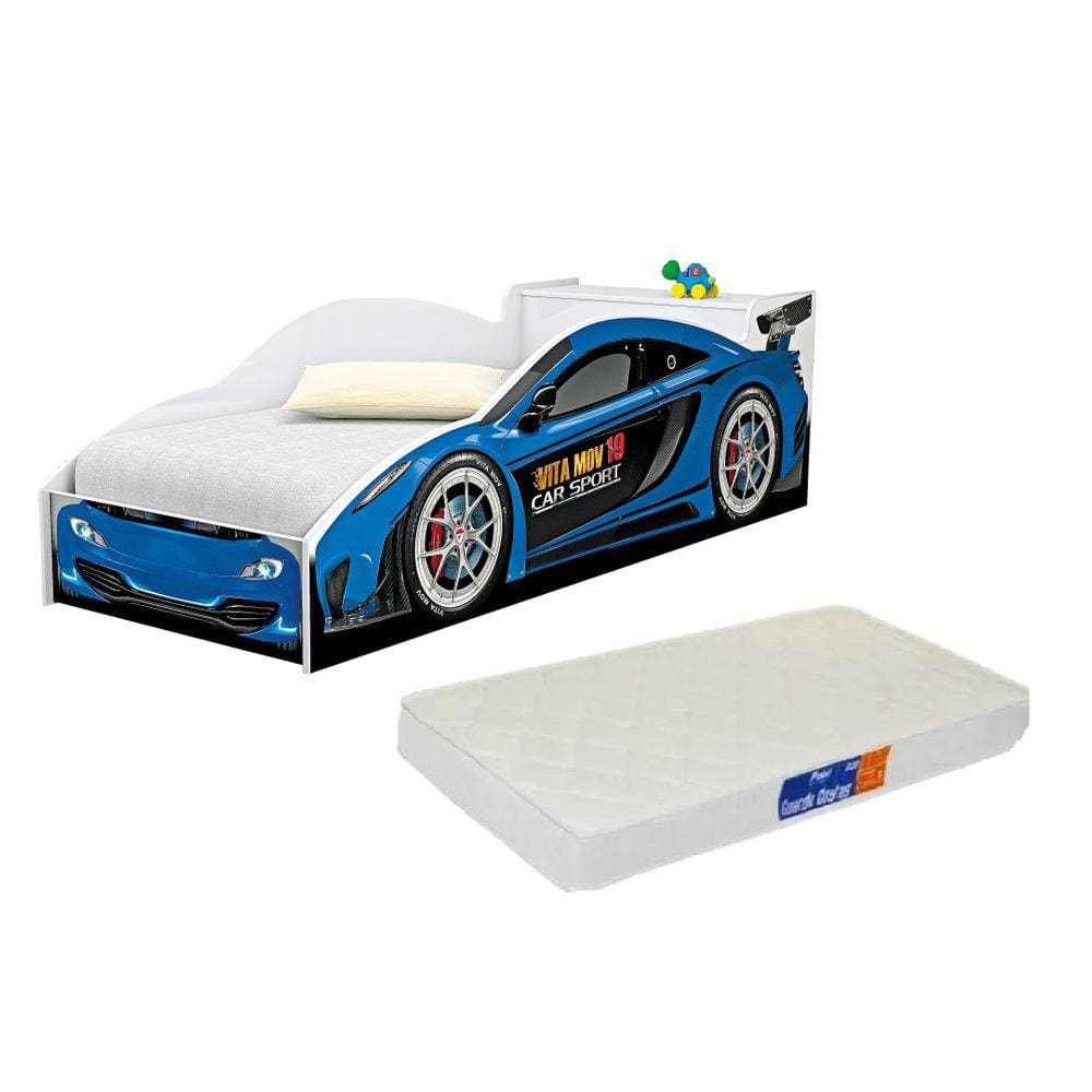 Cama de Criança Carro Solteiro Azul C/ Baú e Colchão