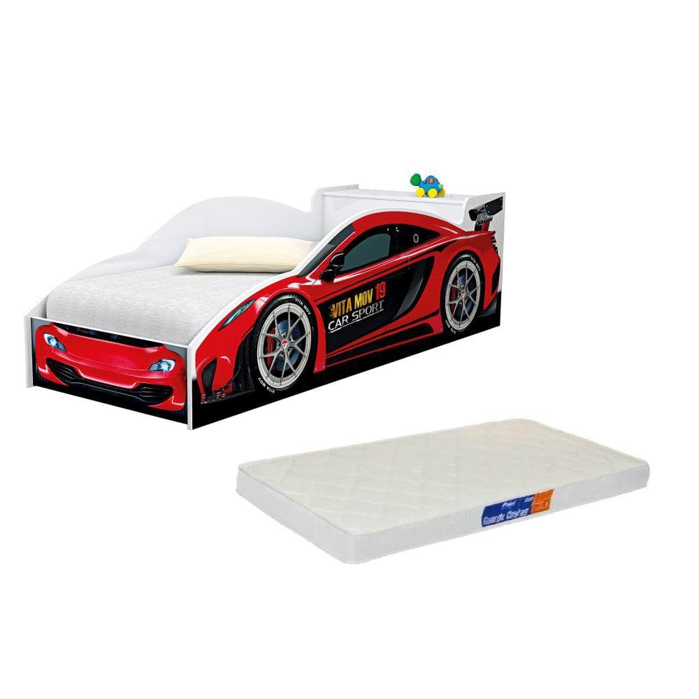Cama Solteiro de Carro Vermelho C/ Baú Mais Colchão