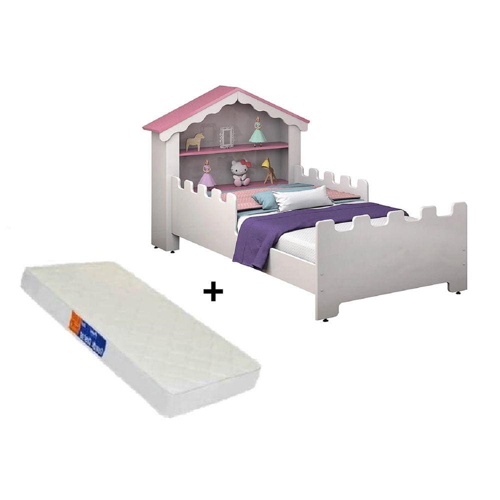 cama juvenil castelo telhado rosa com colchão