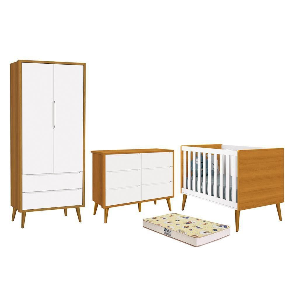 Dormitório Completo Infantil Theo 2 Portas, Cômoda 6 Gavetas, Berço com Pés Amadeirado e Colchão D18 - Reller Móveis