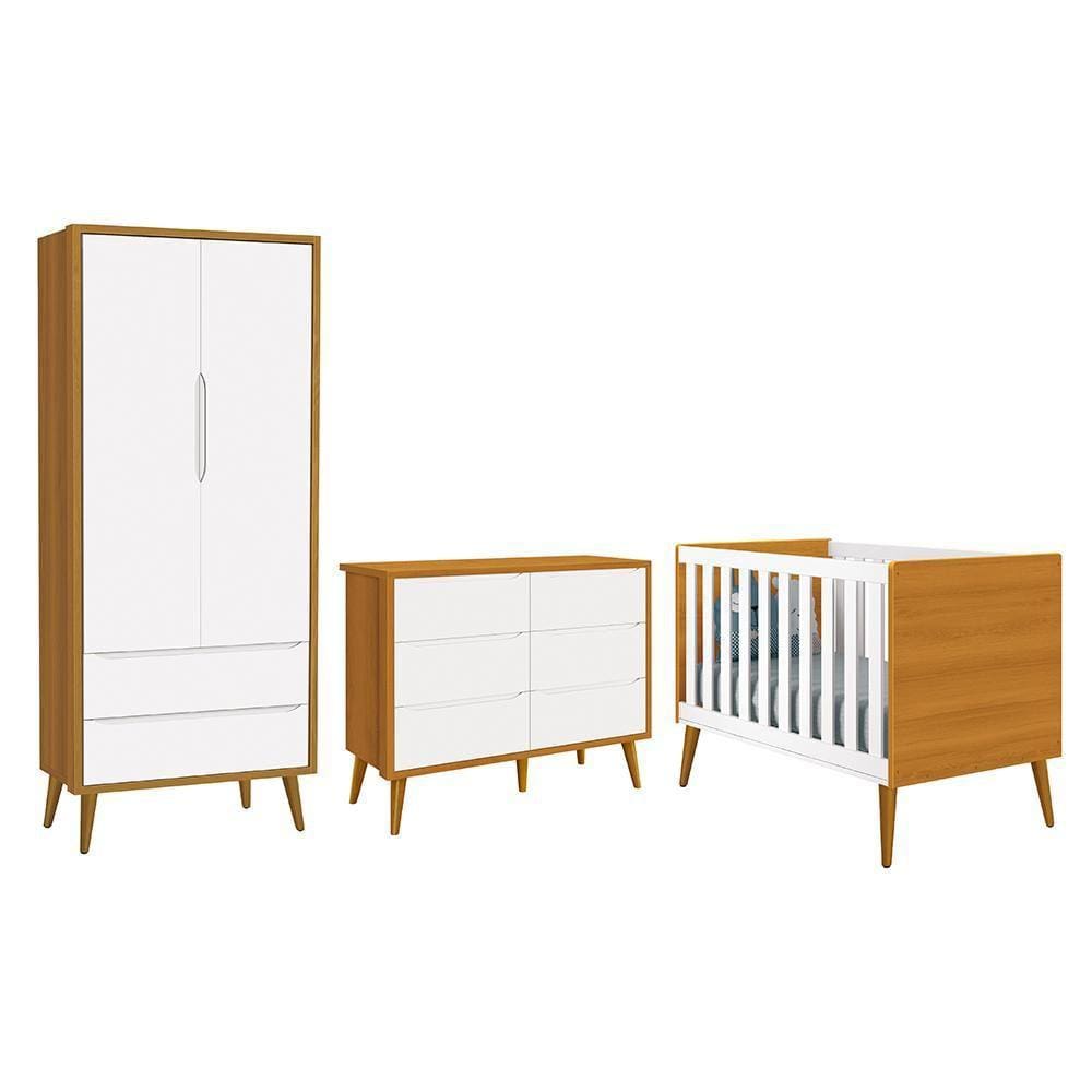 Dormitório Completo Infantil Theo 2 Portas, Cômoda 6 Gavetas e Berço com Pés Amadeirado - Reller Móveis