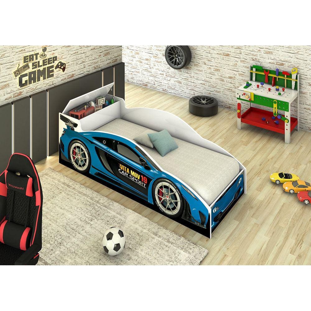 Caminha de Carro Infantil Azul com Baú