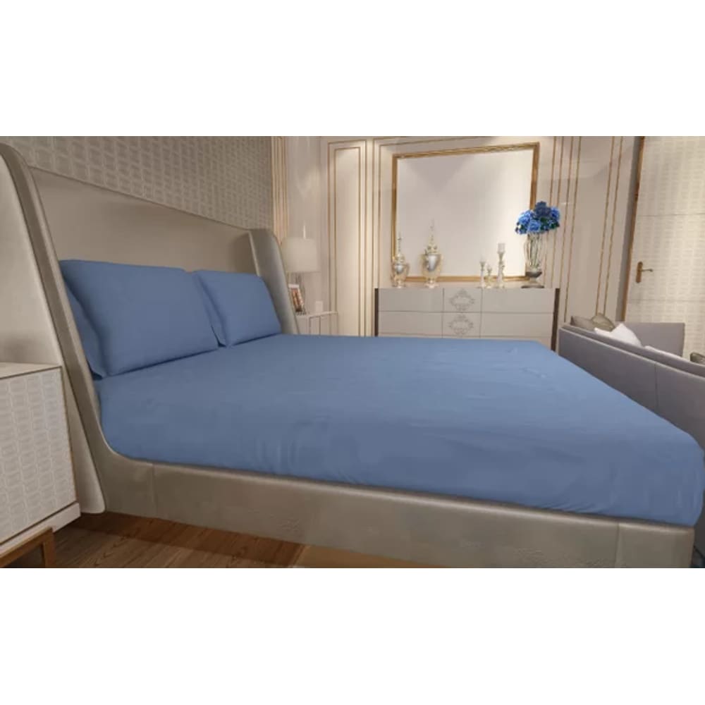 Jogo de Lençol Zono Enxovais Cama Casal Full 3 Peças Malha 100% Algodão Azul Denim