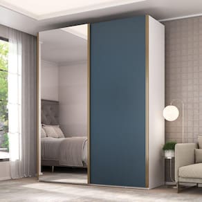 Guarda Roupa Solteiro com Espelho 2 Portas 3 Gavetas Veneto Branco/Azul