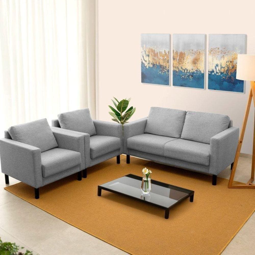 Conjunto Sofá 2 Lugares com USB e 2 Poltronas em Linho Antúrio CabeCasa MadeiraMadeira Cinza