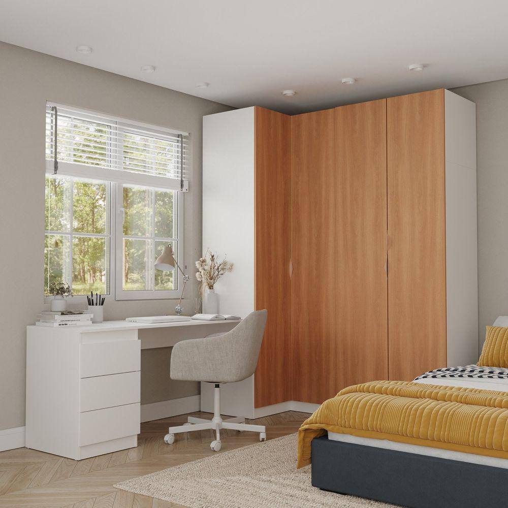 Guarda Roupa Modulado 4 Portas 3 Peças com Escrivaninha Hera CabeCasa MadeiraMadeira Branco Geada/Louro/Cromado