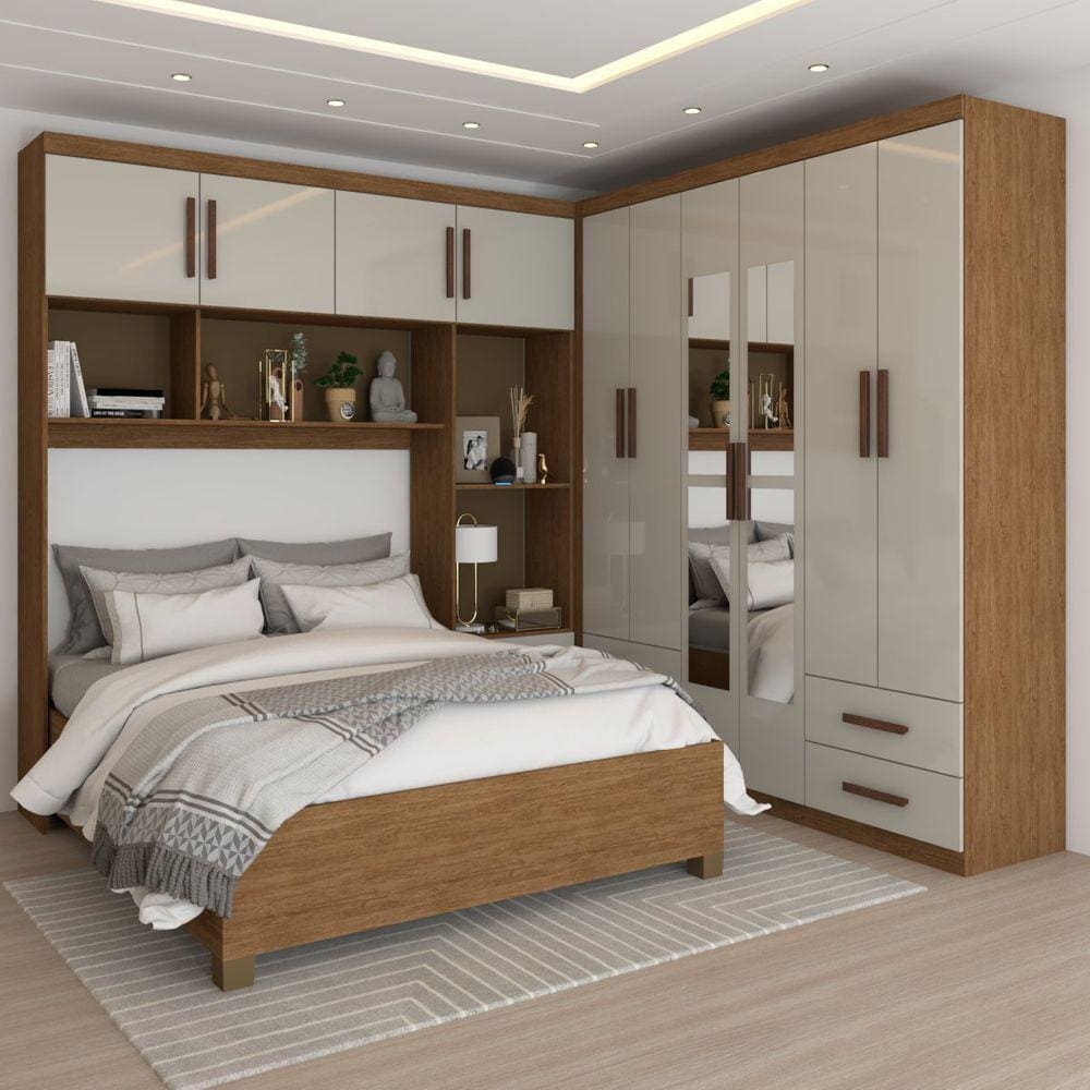 Guarda-Roupa Casal Modulado com Cama Paradise 10 Portas com Espelho 6GavetasFreijó/Off White - Panorama Móveis