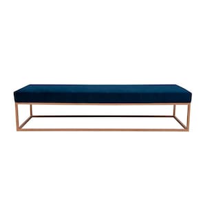 banco 3 lugares giulia veludo azul e dourado 180 cm