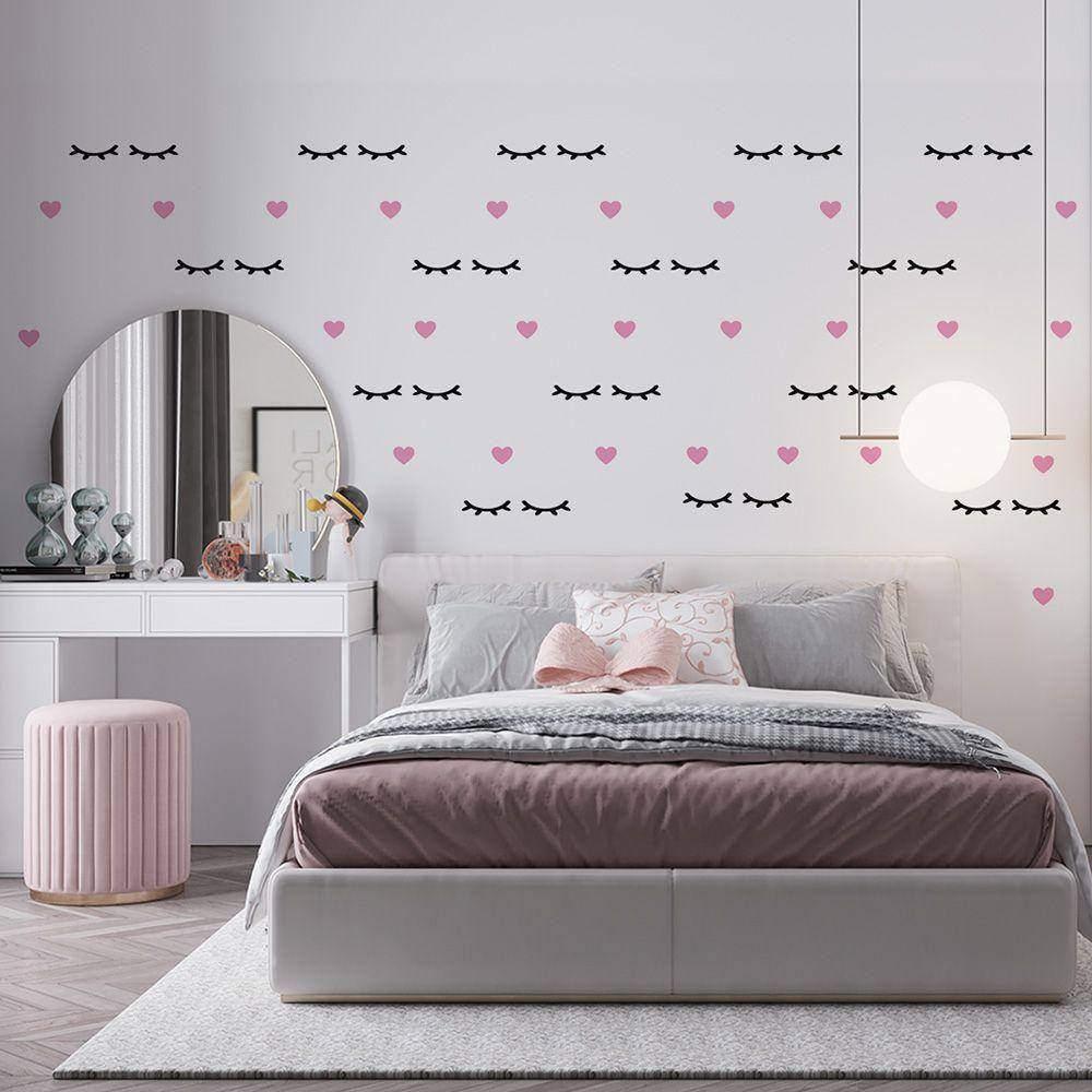 Kit Adesivo De Parede Infantil Cílios E Coração Rosa