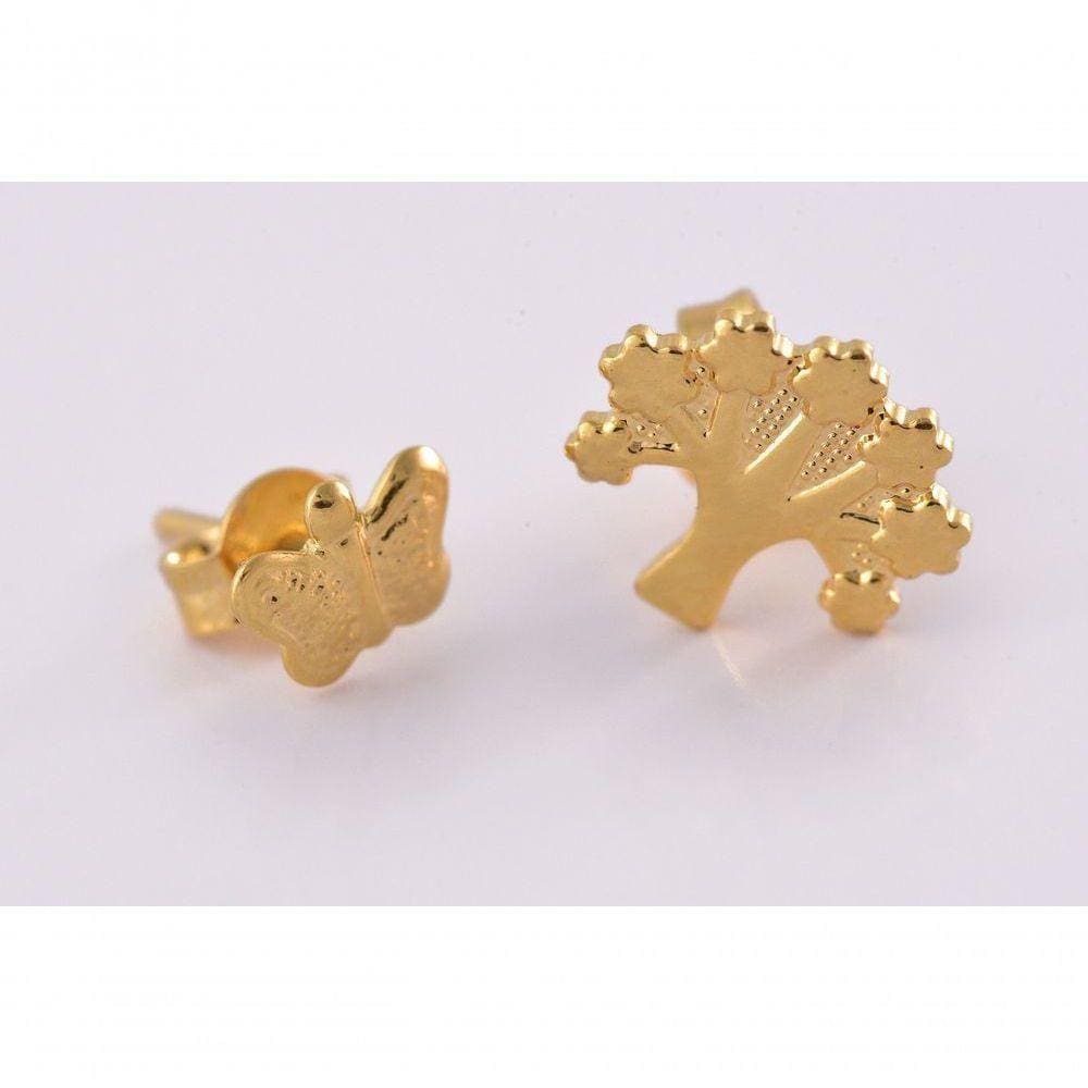 Brinco Duo De Árvore E Borboleta Folheado Em Ouro 18K