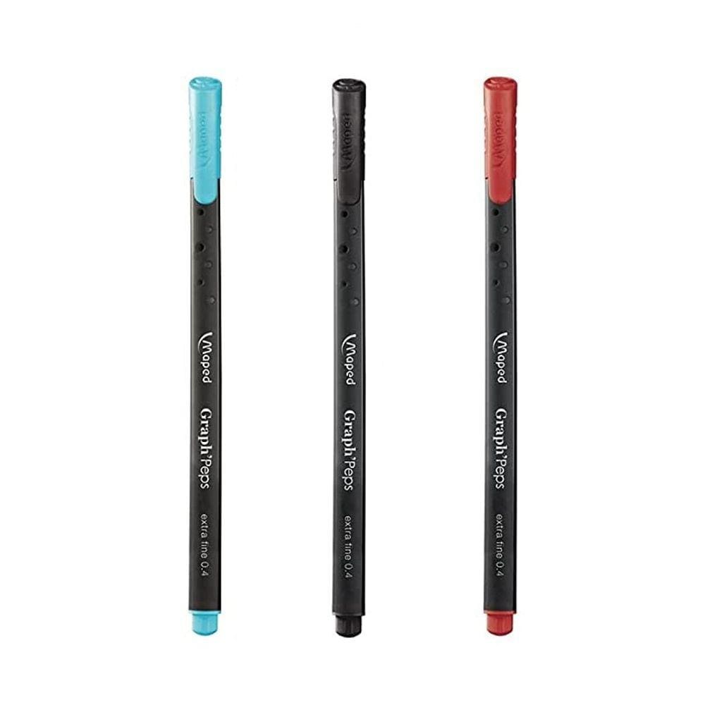 Kit 03 Caneta Fineliner 0.4mm Ponta Fina Graph Peps Azul, Preto e Vermelho Maped