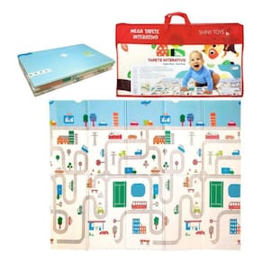 Tapete Infantil Tatame Educativo Dobrável Dupla Face 2,0x1,5m Modelo Pista de Carrinho e Zoologico c/ Bolsa