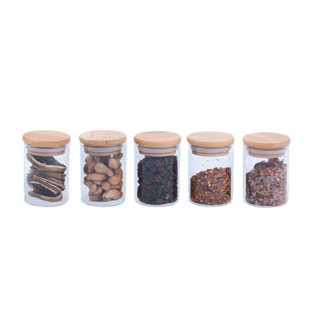 Kit 5 potes de vidro herméticos com tampa de bambu 110ml - Oikos
