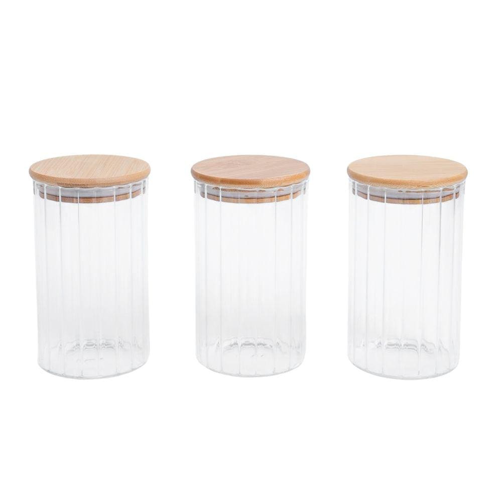 Kit 3 Potes Vidro Canelado com Tampa de Bambu 800ml - Oikos