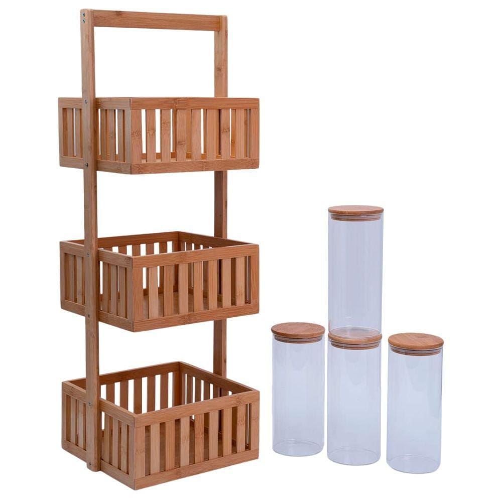 Kit com Organizador Multiuso Ripado 3 Andares E 4 Potes de Vidro com Tampa de Bambu 1,6l - Oikos
