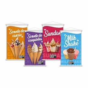 Banners Sorvete Casquinha Sundae Milk Shake Grande Kit 4 Pçs