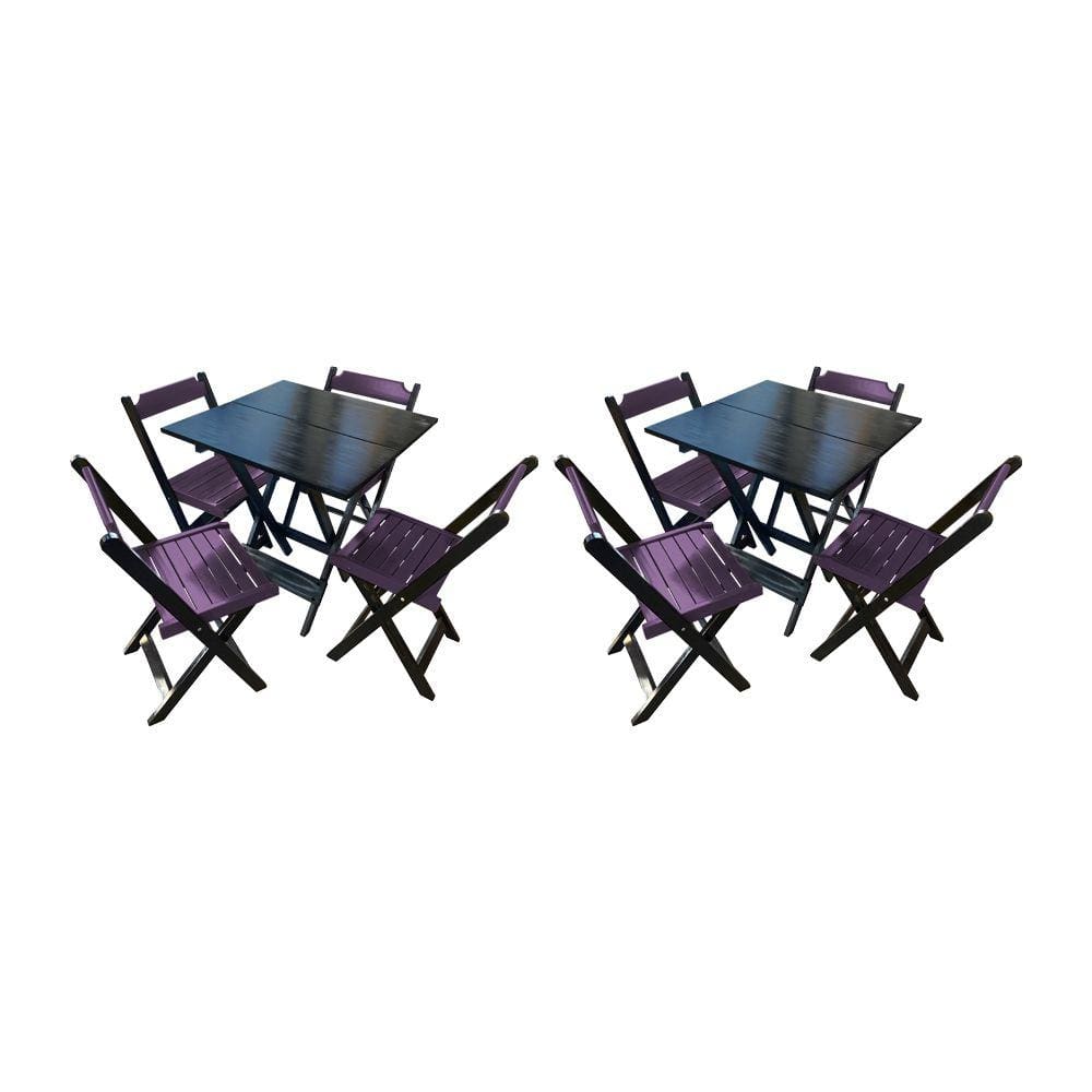 Kit 2 Mesas de Madeira Dobrável Preto 70x70 com 4 Cadeiras Dobráveis Roxo