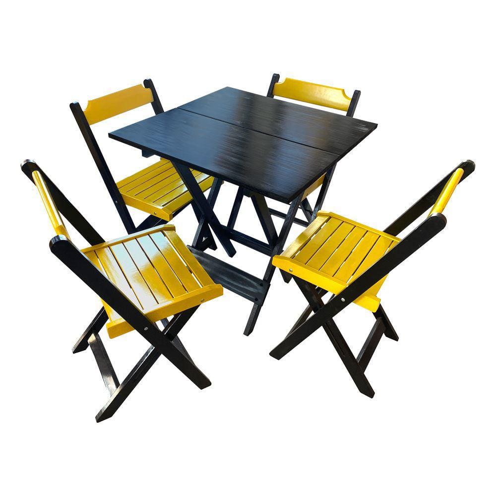 Mesa de Madeira Dobrável Preto 70x70 com 4 Cadeiras Dobráveis Amarelo