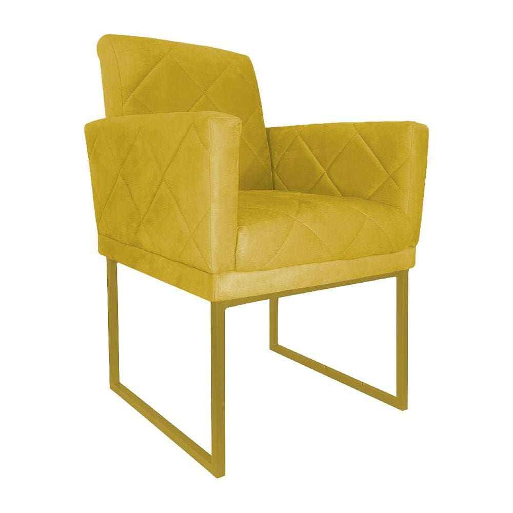 Poltrona Klara Suede Amarelo Base De Ferro Dourada  - Vallisa Decor