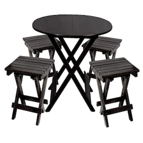 Conjunto Premium de Mesa Dobravel de Madeira 60cm Redondo com 4 Banquinhos Dobraveis Preto
