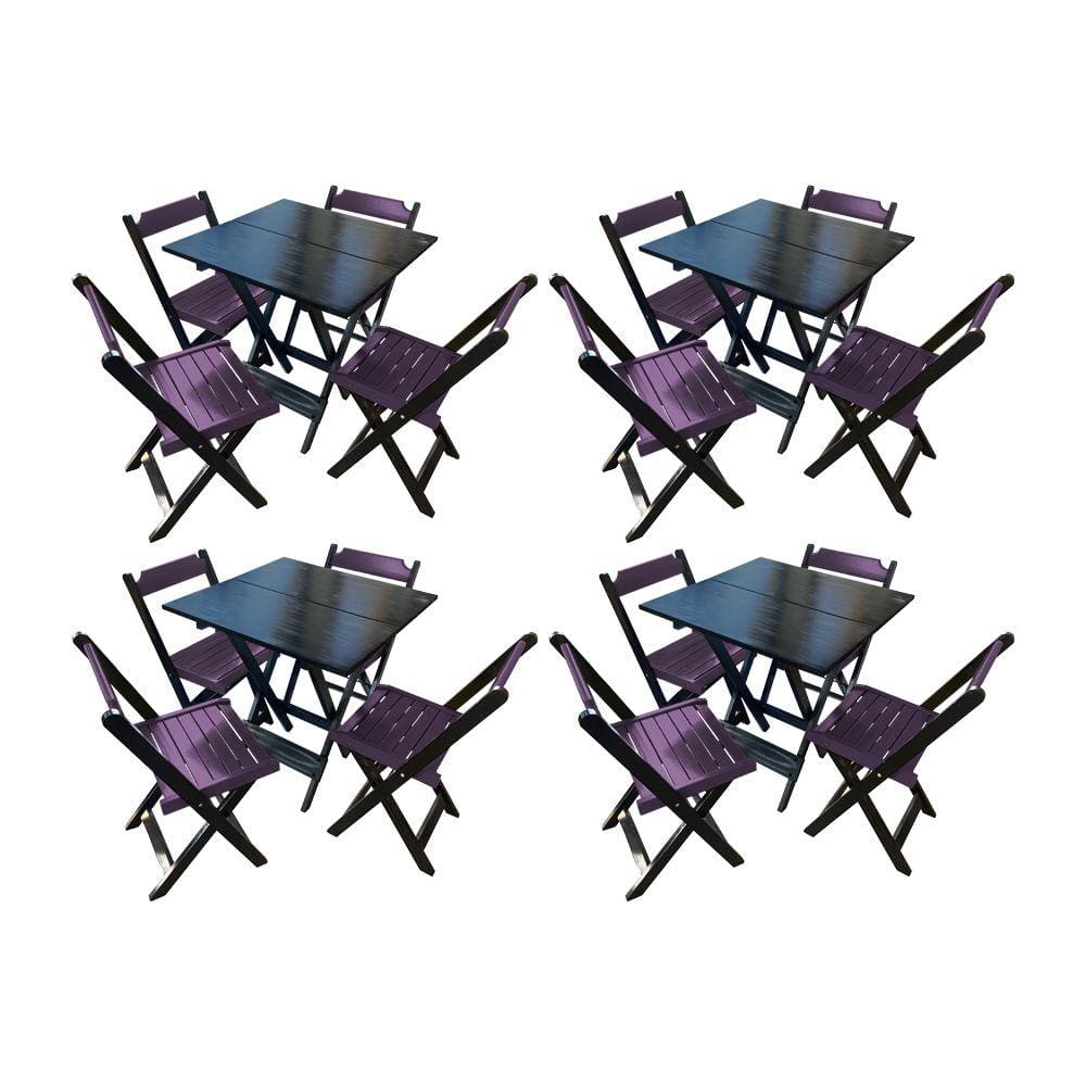 Kit 3 Mesas de Madeira Dobrável Preto 70x70 com 4 Cadeiras Dobráveis Roxo