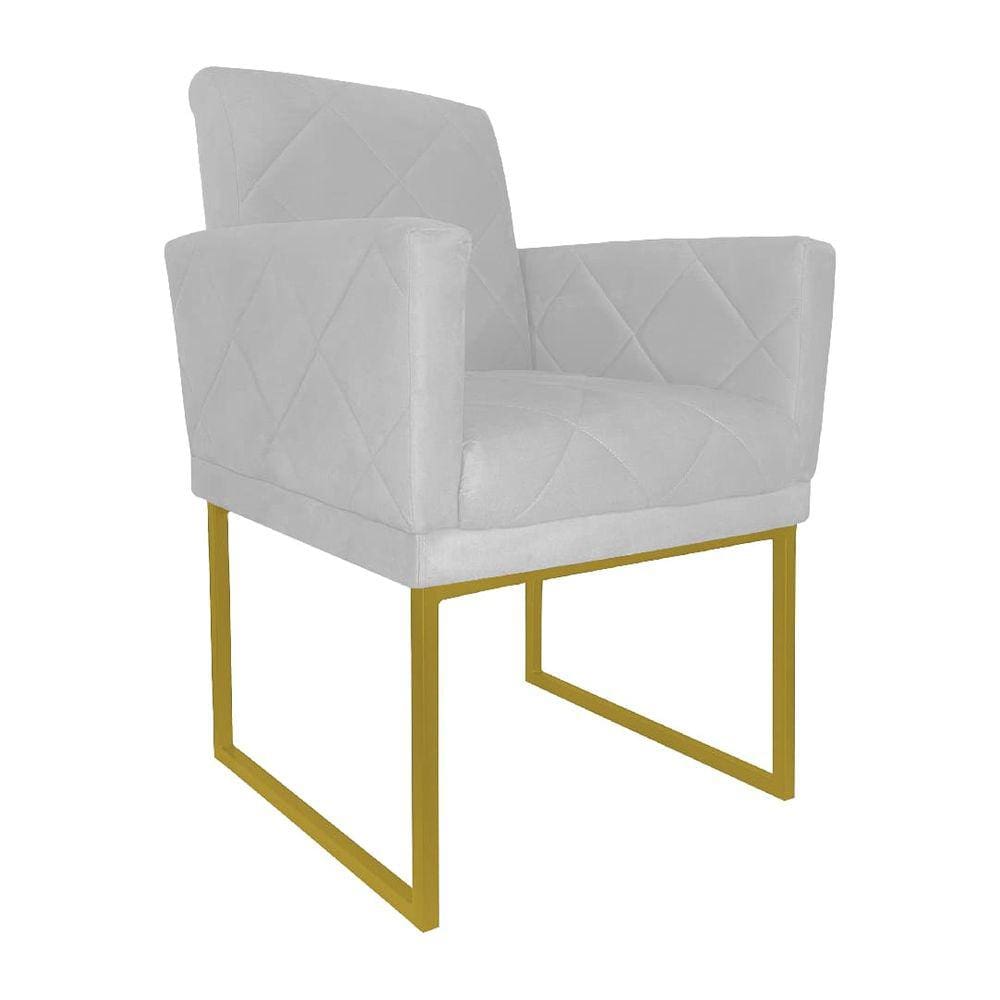 Poltrona Klara Suede Branco Base Metálica Industrial Dourada  - Vallisa Decor