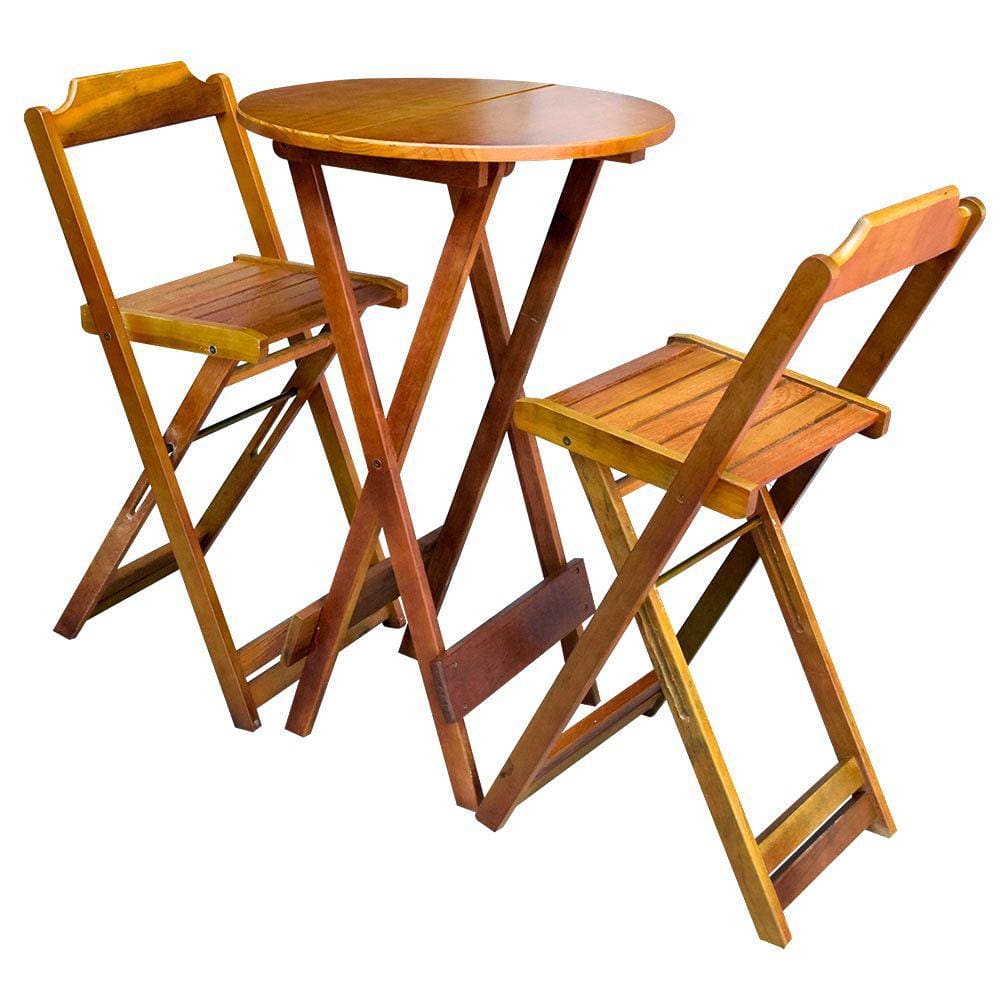 Jogo  Bistro de Madeira Dobravel Redondo 55cm Diametro C/2 Cadeiras Natural